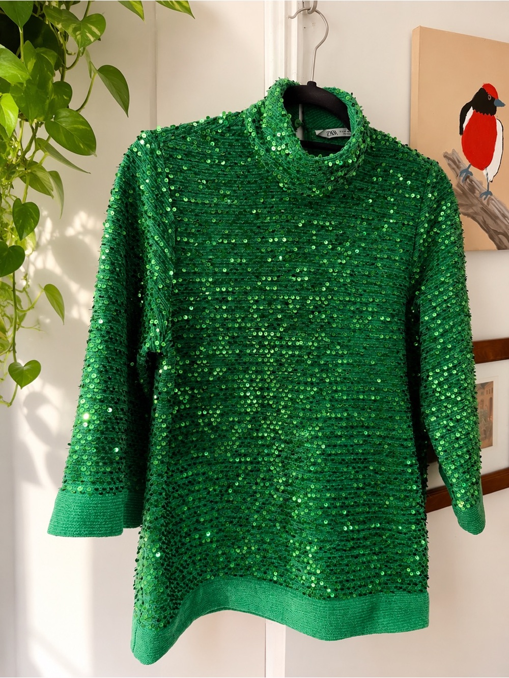 Zara Green Sequin Turtleneck Sweater